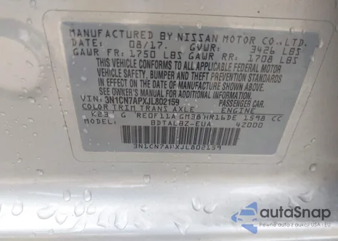 2018 Nissan Versa S/S Plus/Sv/Sl z USA, uszkodzony, nr VIN 3N1CN7APXJL802159